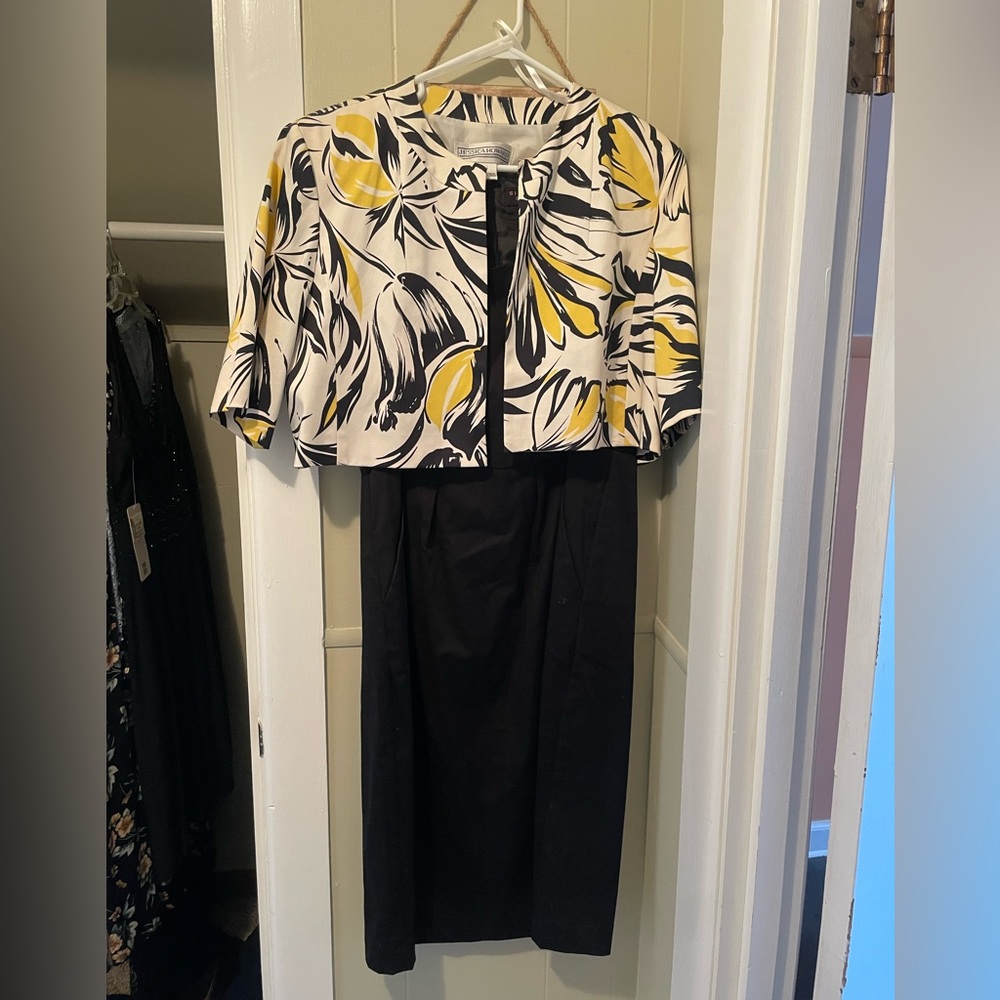 Black dress with yellow jacket